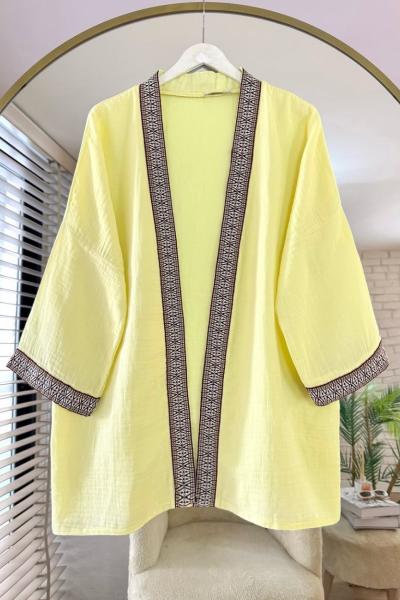 Kilim Şeritli Müslin Kimono Sarı