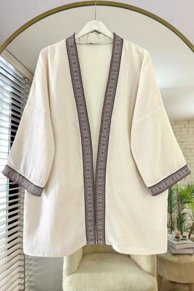 Kilim Şeritli Müslin Kimono Bej
