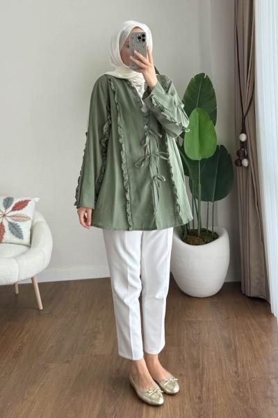 Fırfırlı Keten Kimono Yeşil