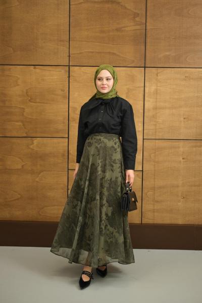 Çiçek Desenli Şifon Etek Yeşil