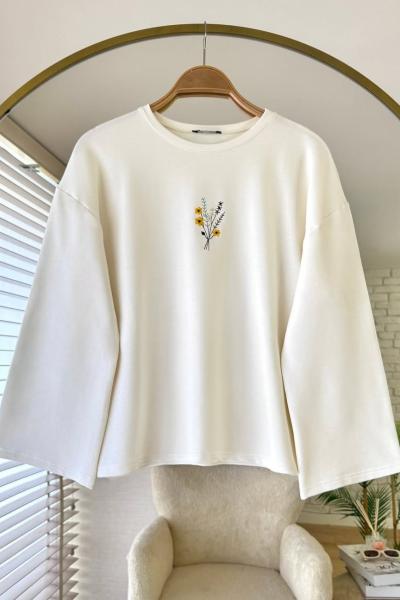 Nakışlı Salaş Sweatshirt Ekru