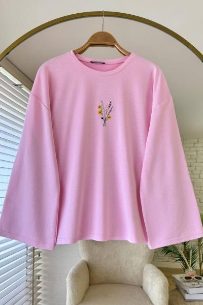 Nakışlı Salaş Sweatshirt Pembe