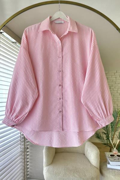 Çizgili Oversize Gömlek Pembe