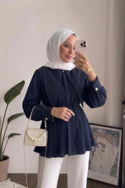 Yaka Detaylı Piliseli Gömlek Lacivert