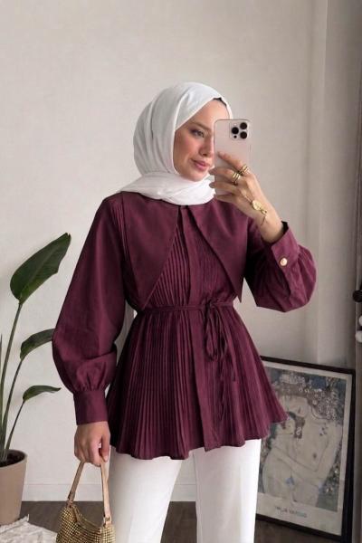 Yaka Detaylı Piliseli Gömlek Mürdüm