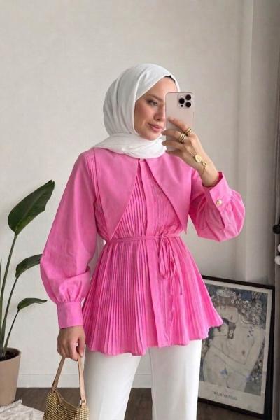 Yaka Detaylı Piliseli Gömlek Pembe